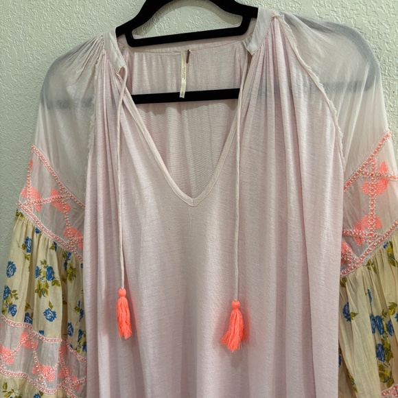 Free People Mix It Up Pink Floral Beaded Tunic Top / Mini Dress SM - Picture 8 of 11